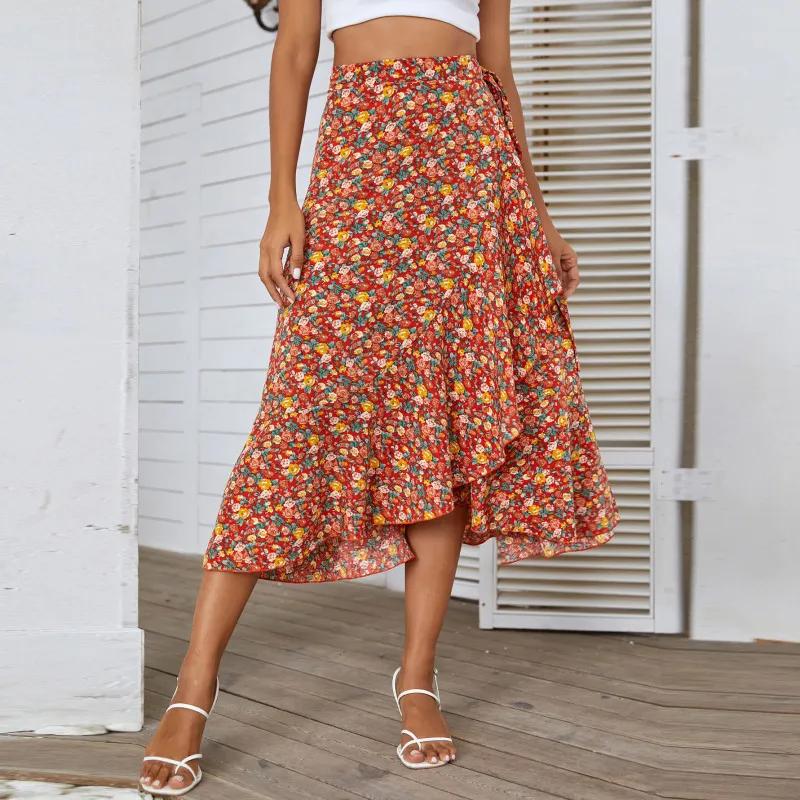 High Waist Floral Ruffle Wrap Skirt - Elegant and Trendy Midi Skirt with Chic Flower Print, Side Tie - Polyester/Spandex Blend