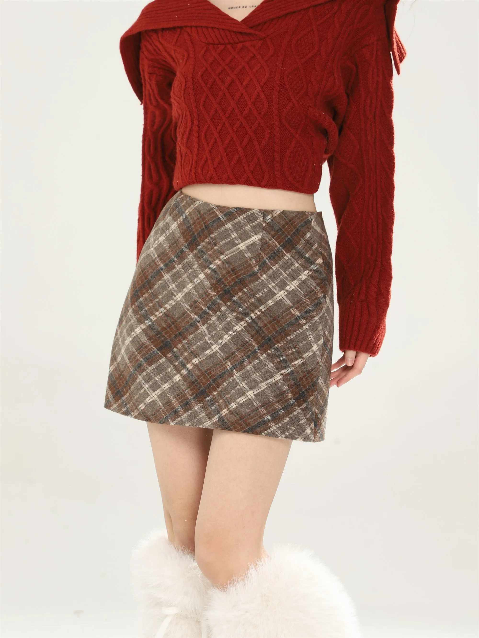 High waist plaid short skirt