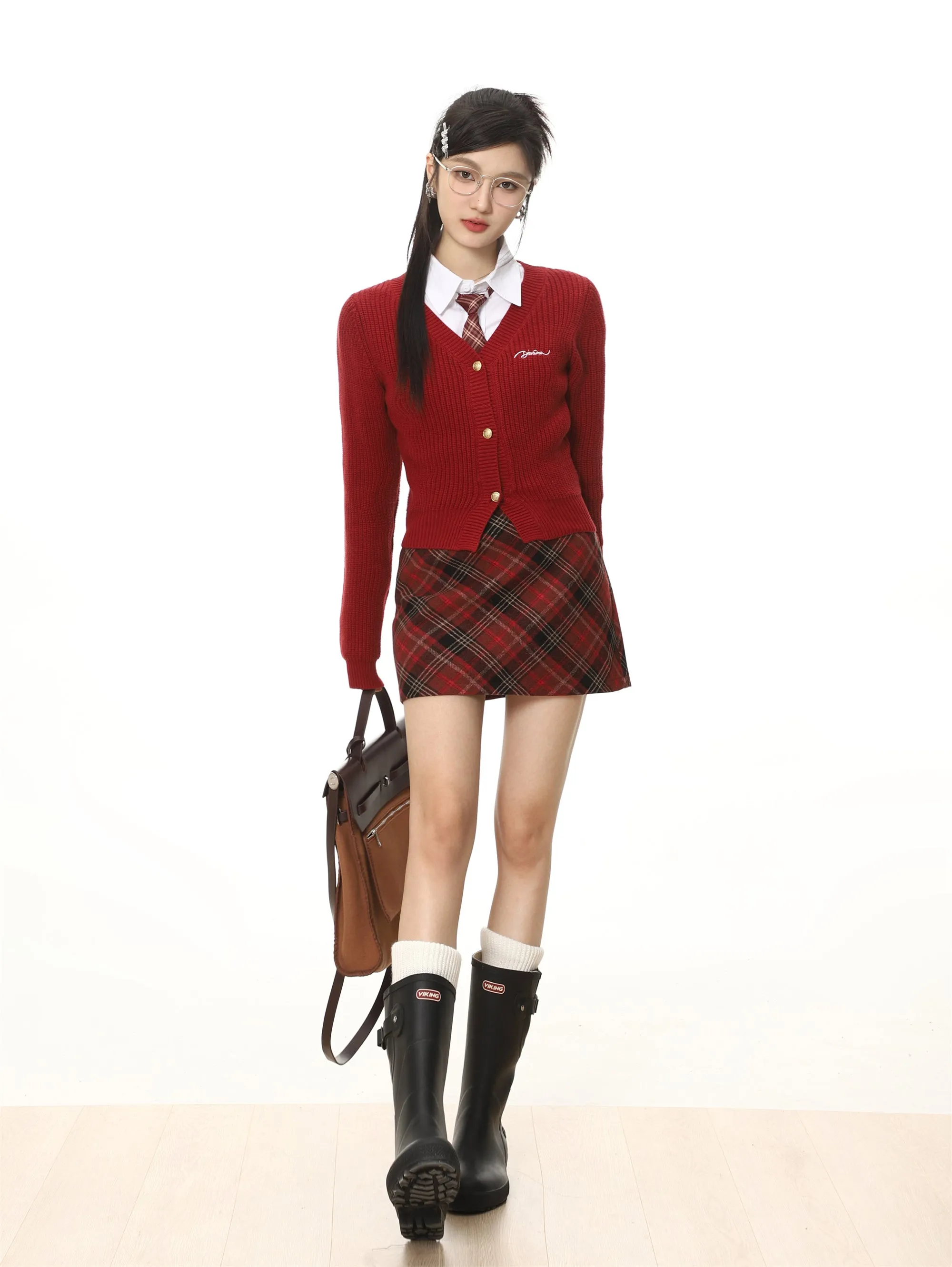 High waist plaid short skirt