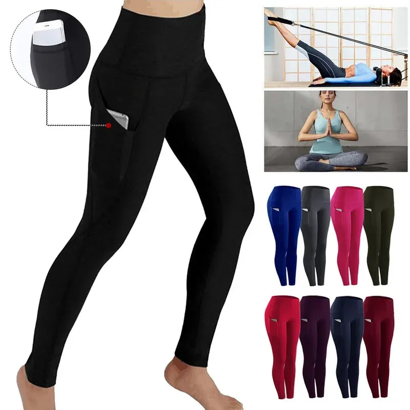 High Waist Seamless Yoga Leggings – Tummy Control Ruched Booty Compression Tights with Pockets