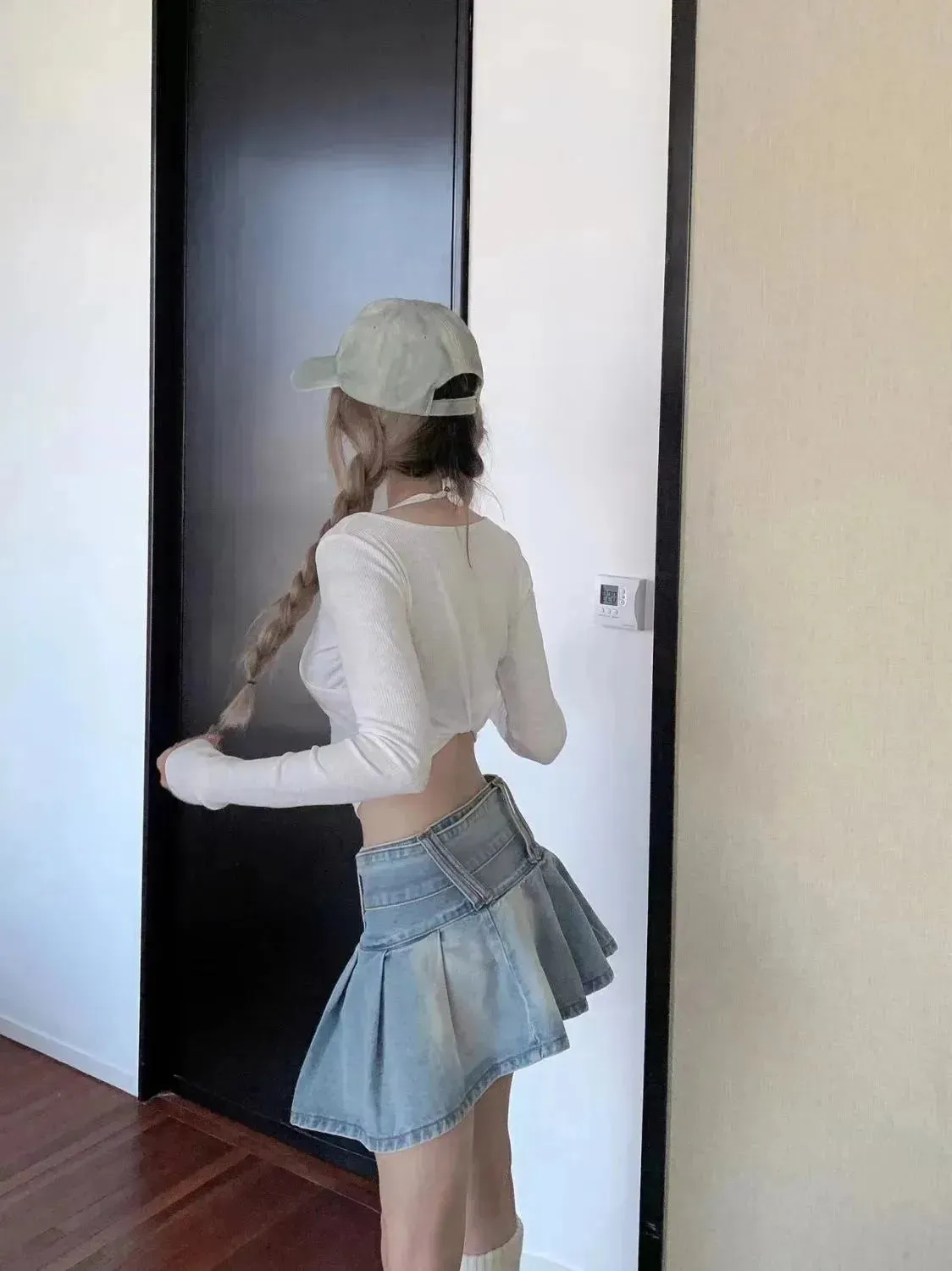 High Waist Slimming Denim Pleated Mini Skirt