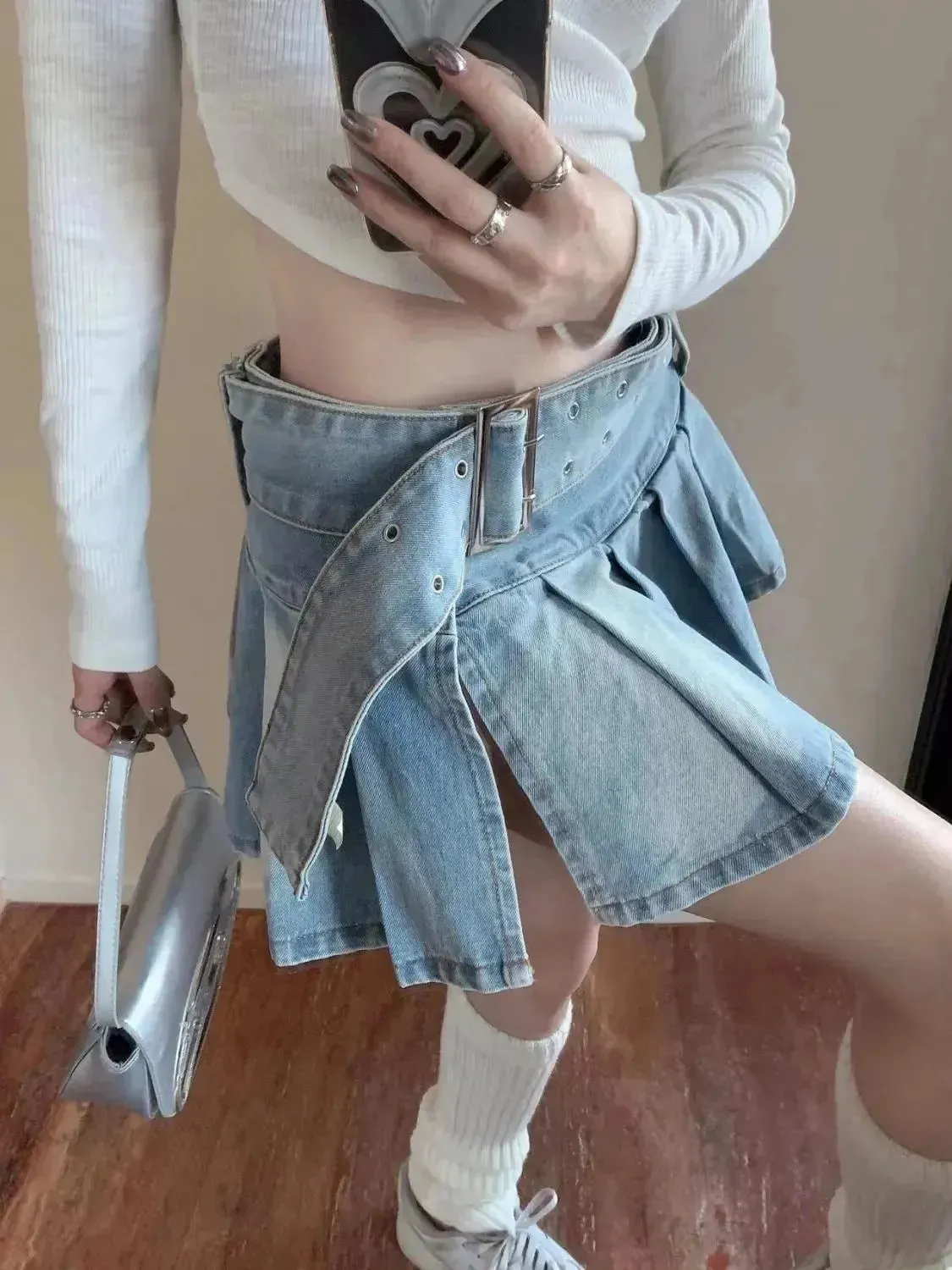 High Waist Slimming Denim Pleated Mini Skirt