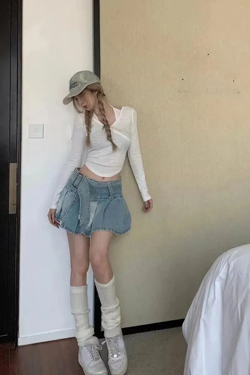 High Waist Slimming Denim Pleated Mini Skirt
