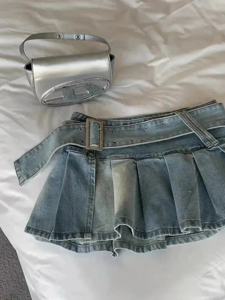 High Waist Slimming Denim Pleated Mini Skirt