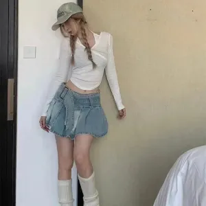High Waist Slimming Denim Pleated Mini Skirt