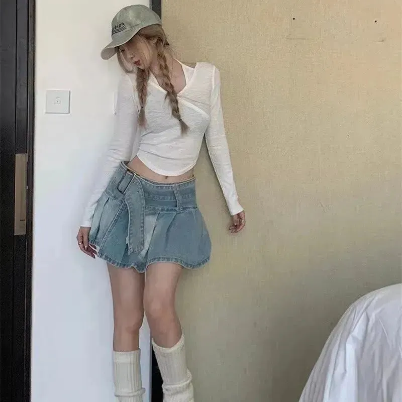 High Waist Slimming Denim Pleated Mini Skirt