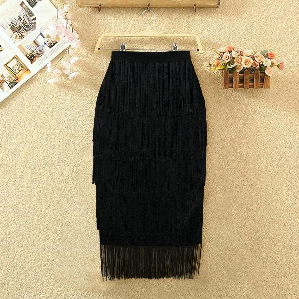 High Waist Stretch Tassel  Skirts