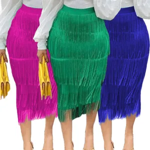 High Waist Stretch Tassel  Skirts