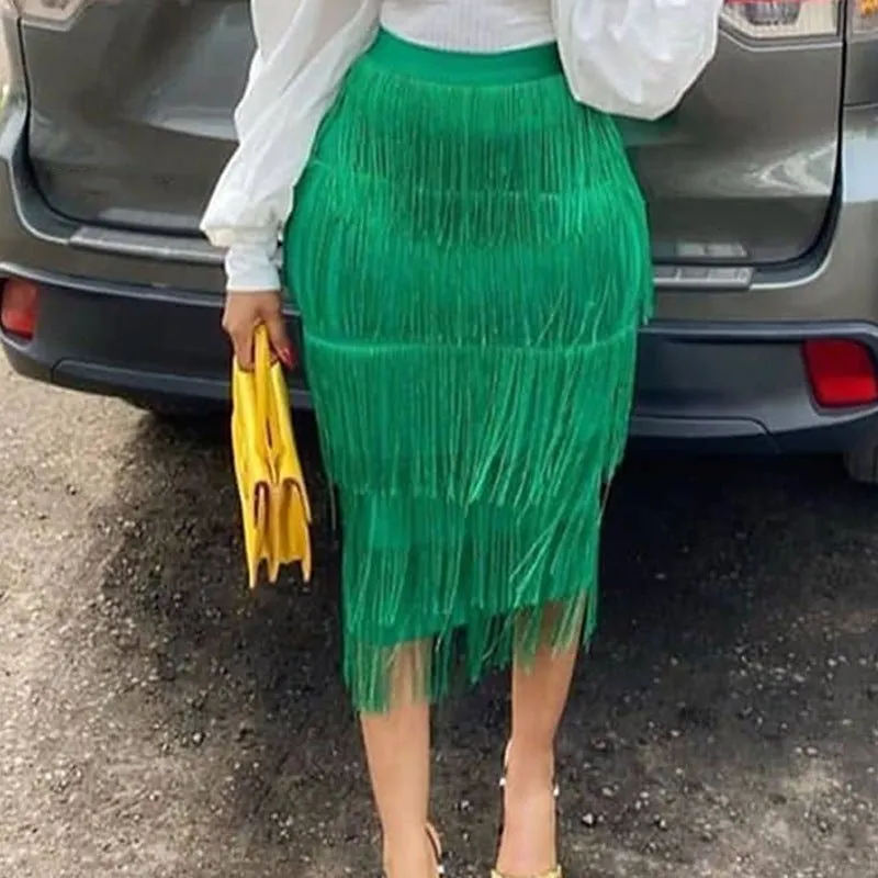 High Waist Stretch Tassel  Skirts