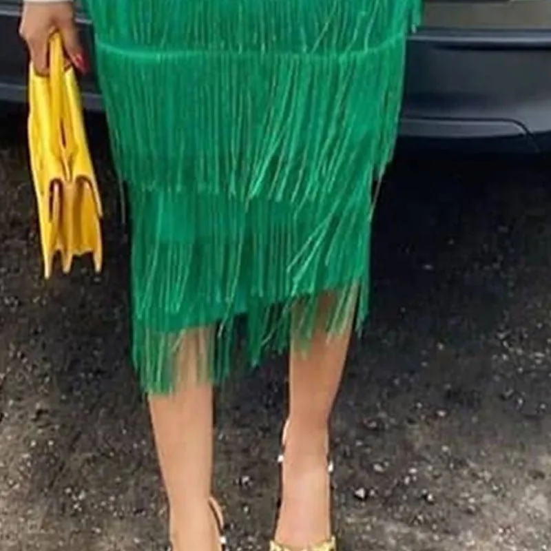 High Waist Stretch Tassel  Skirts