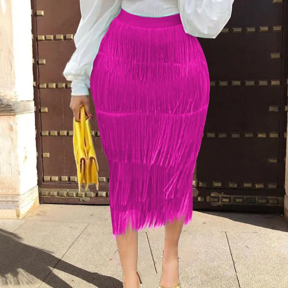 High Waist Stretch Tassel  Skirts