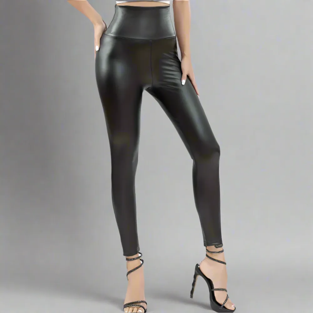 High Waist Winter Vegan Leather Yoga Leggings with Fleece interior