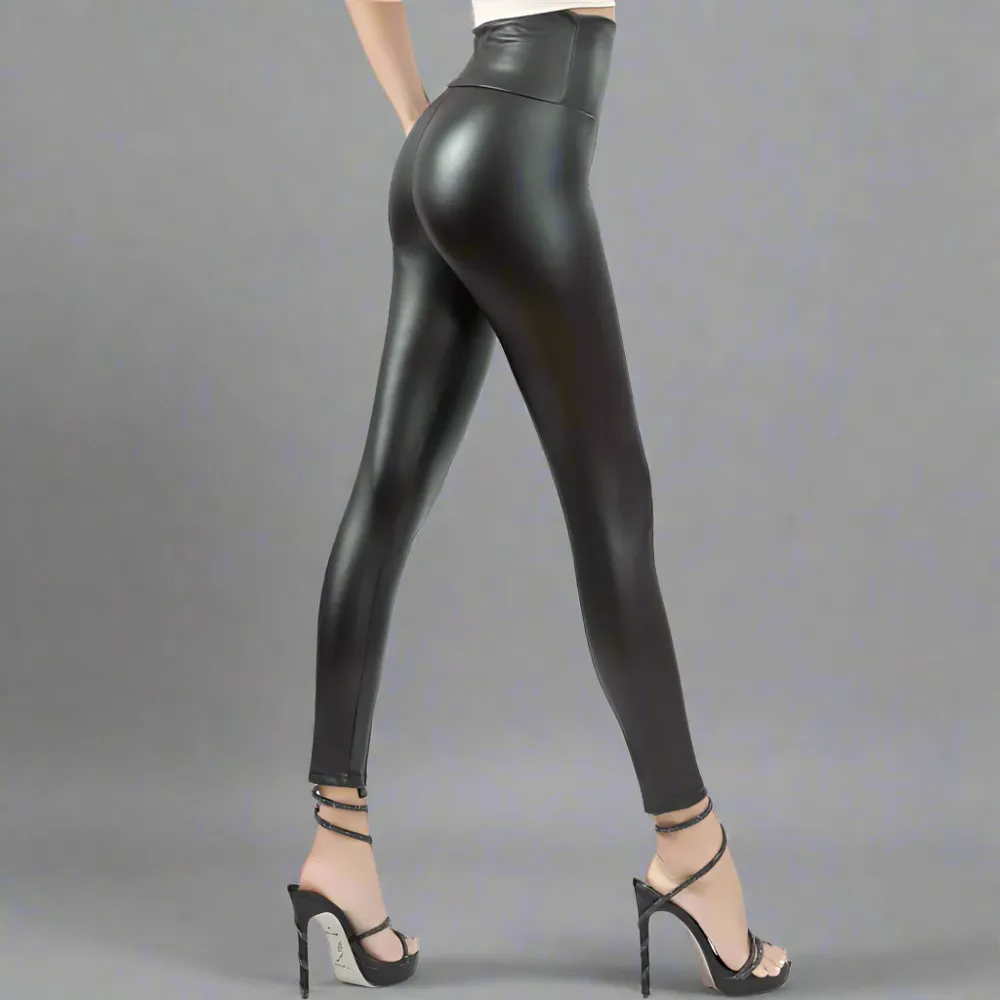 High Waist Winter Vegan Leather Yoga Leggings with Fleece interior