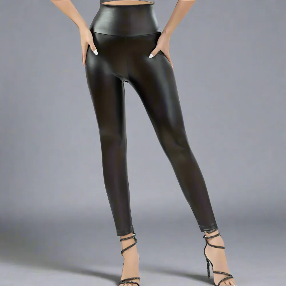 High Waist Winter Vegan Leather Yoga Leggings with Fleece interior