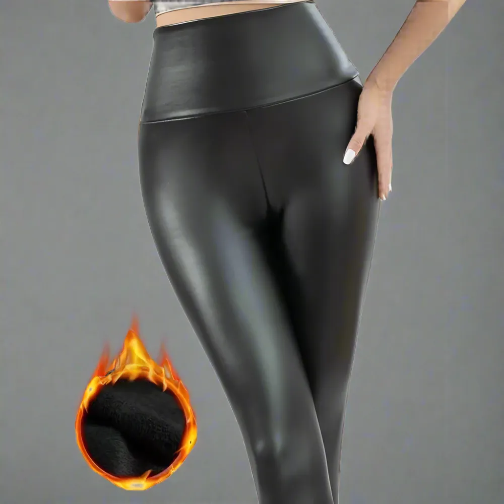 High Waist Winter Vegan Leather Yoga Leggings with Fleece interior