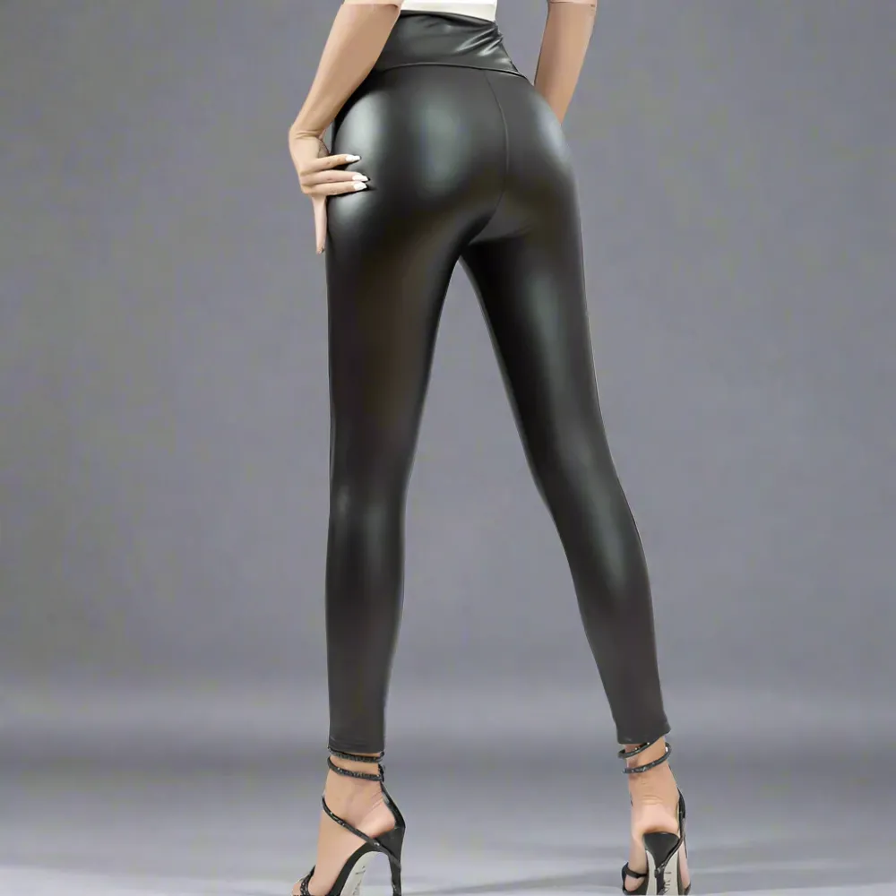 High Waist Winter Vegan Leather Yoga Leggings with Fleece interior