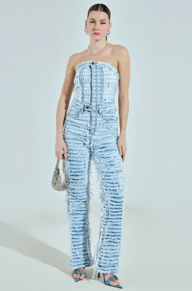 I DONT CHASE I ATTRACT DISTRESSED LIGHT BLUE DENIM JUMPSUIT