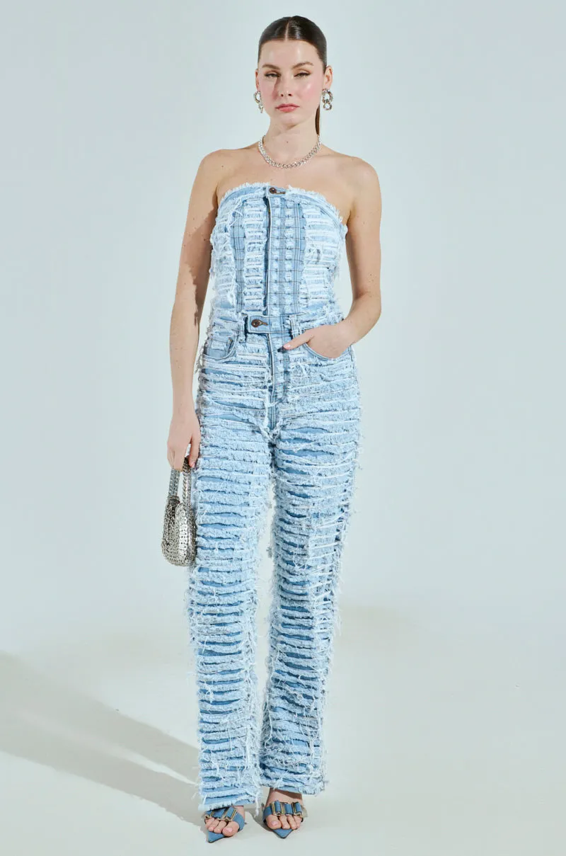 I DONT CHASE I ATTRACT DISTRESSED LIGHT BLUE DENIM JUMPSUIT