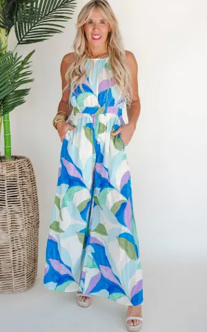 It's Captivating Printed Halter Neck Jumpsuit - Blue - Final Sale
