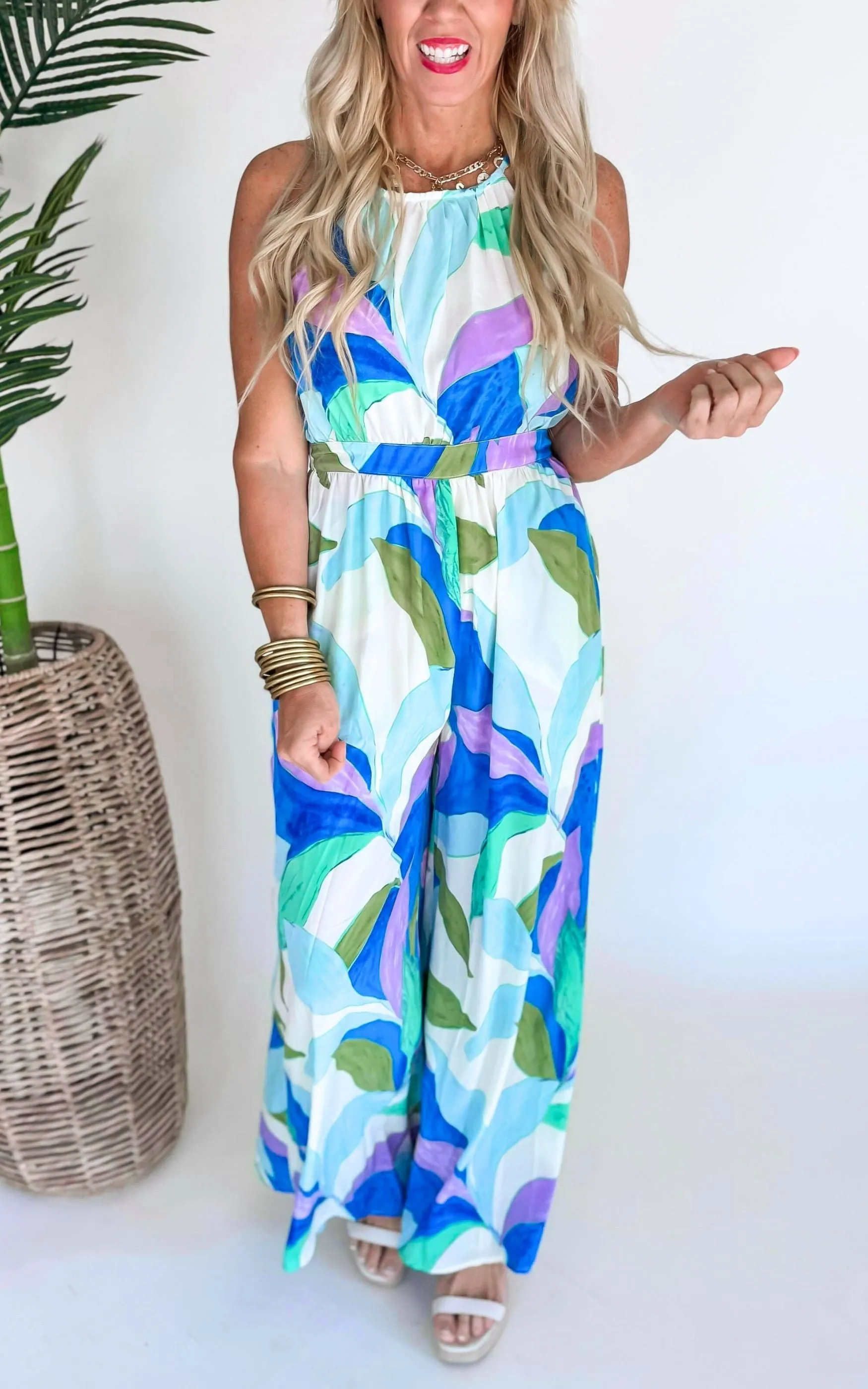 It's Captivating Printed Halter Neck Jumpsuit - Blue - Final Sale