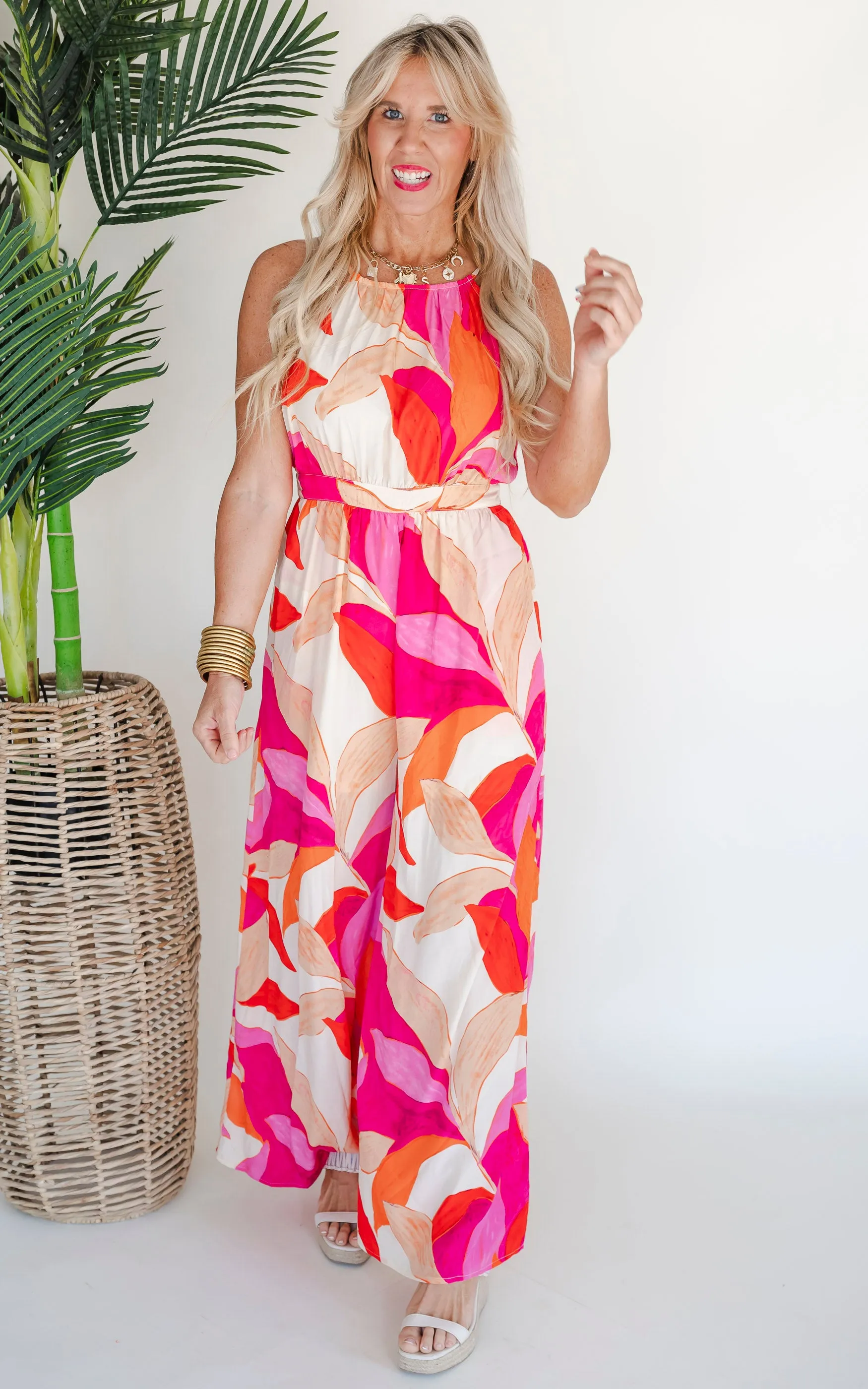 It's Captivating Printed Halter Neck Jumpsuit - Ecru Pink - Final Sale