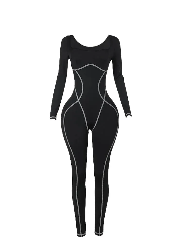 JazzHer Autumn Fashion Goth Jumpsuit Women Streetwear Harajuku Sexy Square Collar Long Sleeve High Waist Bodycon Jumpsuit Female