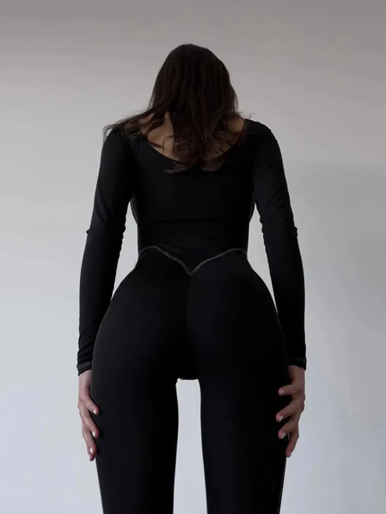 JazzHer Autumn Fashion Goth Jumpsuit Women Streetwear Harajuku Sexy Square Collar Long Sleeve High Waist Bodycon Jumpsuit Female