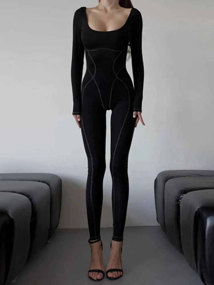 JazzHer Autumn Fashion Goth Jumpsuit Women Streetwear Harajuku Sexy Square Collar Long Sleeve High Waist Bodycon Jumpsuit Female