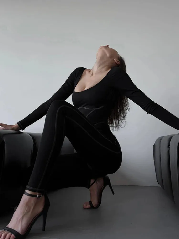 JazzHer Autumn Fashion Goth Jumpsuit Women Streetwear Harajuku Sexy Square Collar Long Sleeve High Waist Bodycon Jumpsuit Female