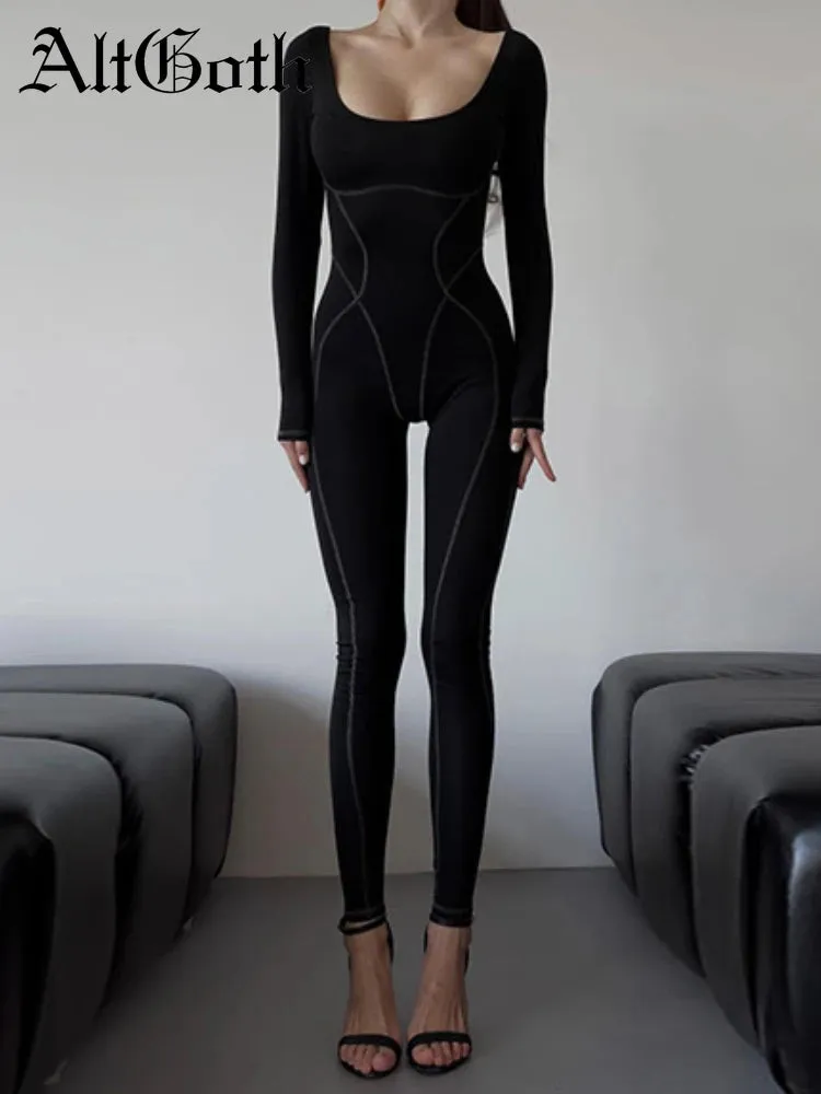 JazzHer Autumn Fashion Goth Jumpsuit Women Streetwear Harajuku Sexy Square Collar Long Sleeve High Waist Bodycon Jumpsuit Female