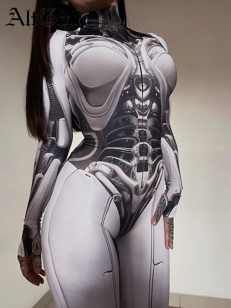 JazzHer Cyberpunk Cosplay Bodycon Jumpsuit Women Streetwear Y2k Mall Gothic 3D Printed Long Sleeve Playsuits Emo Anime Clothes