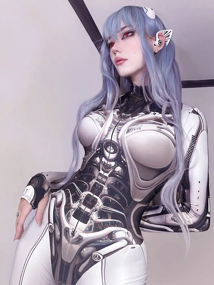 JazzHer Cyberpunk Cosplay Bodycon Jumpsuit Women Streetwear Y2k Mall Gothic 3D Printed Long Sleeve Playsuits Emo Anime Clothes