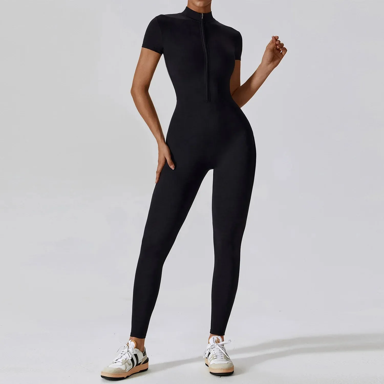 Joyce - Short Sleeve Mock Neck Active Zipper Jumpsuit