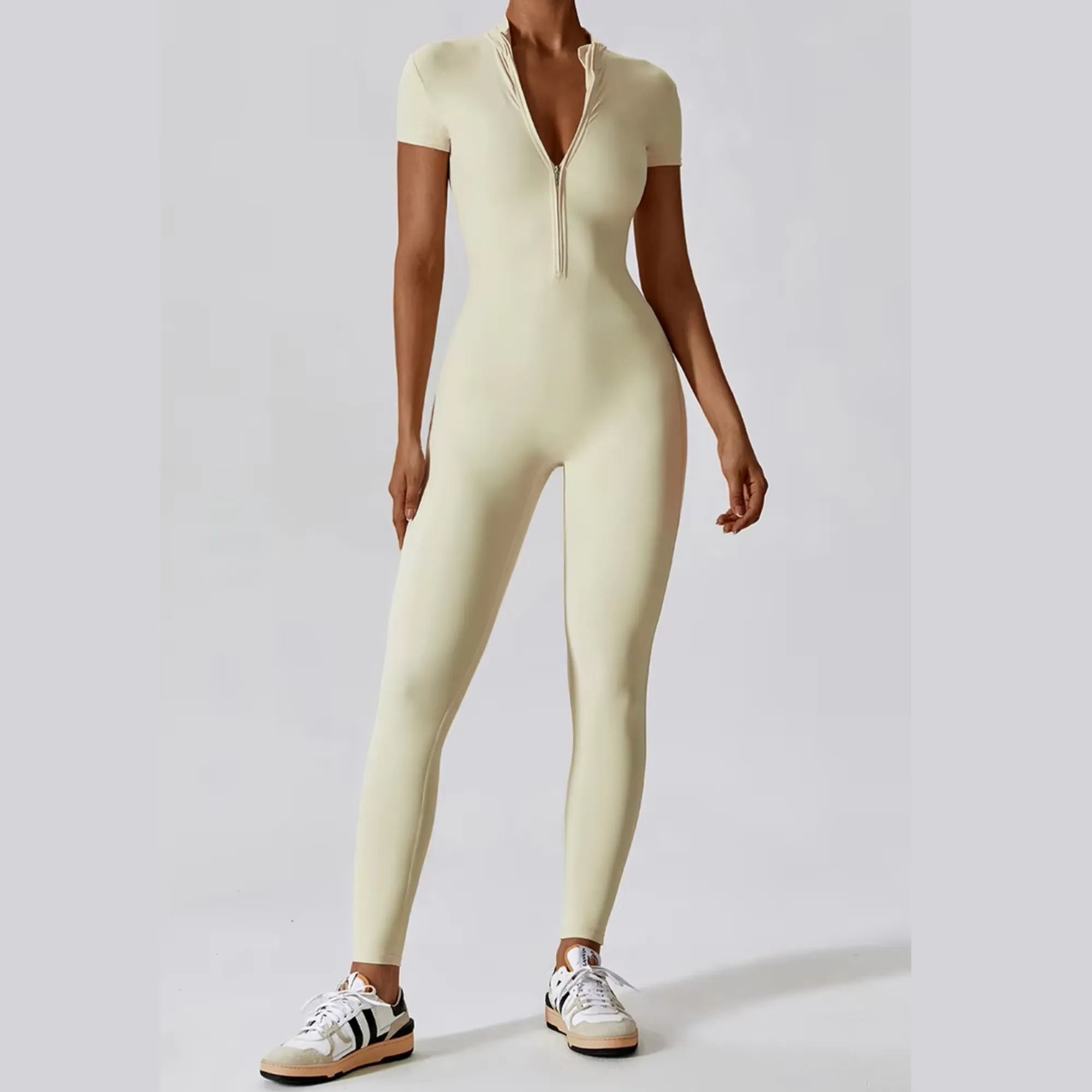 Joyce - Short Sleeve Mock Neck Active Zipper Jumpsuit
