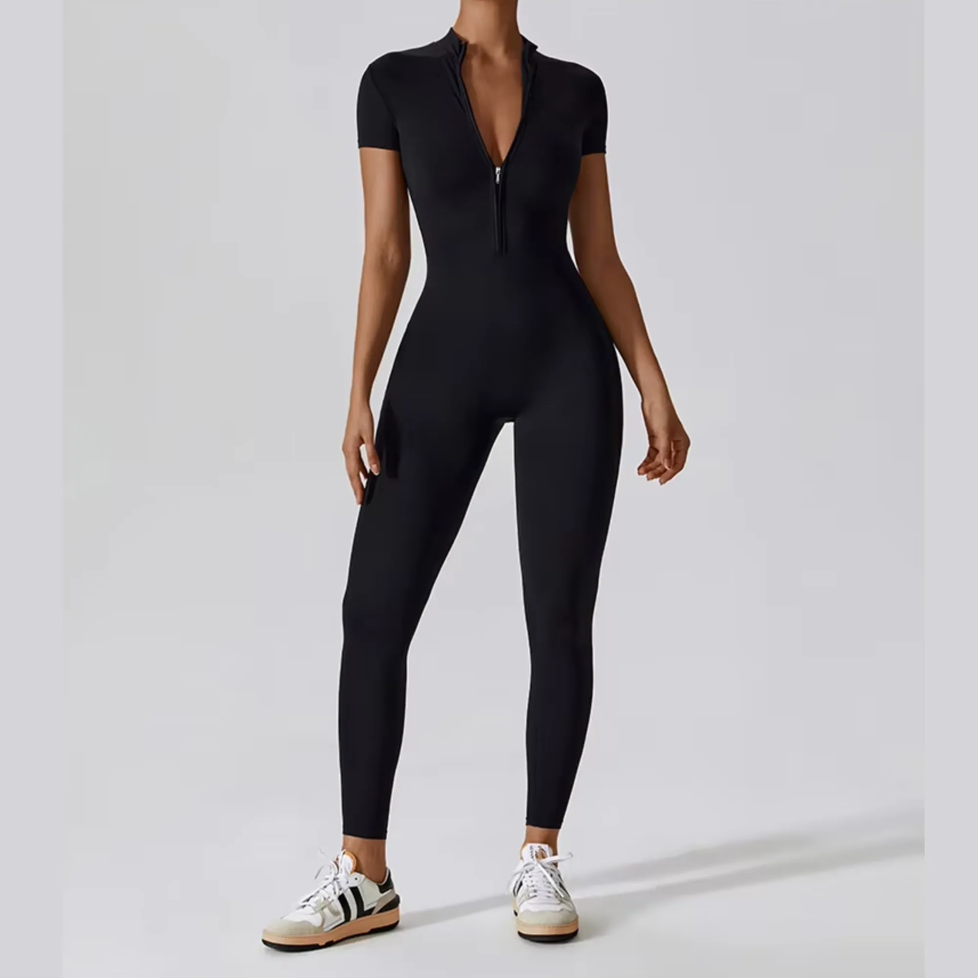 Joyce - Short Sleeve Mock Neck Active Zipper Jumpsuit