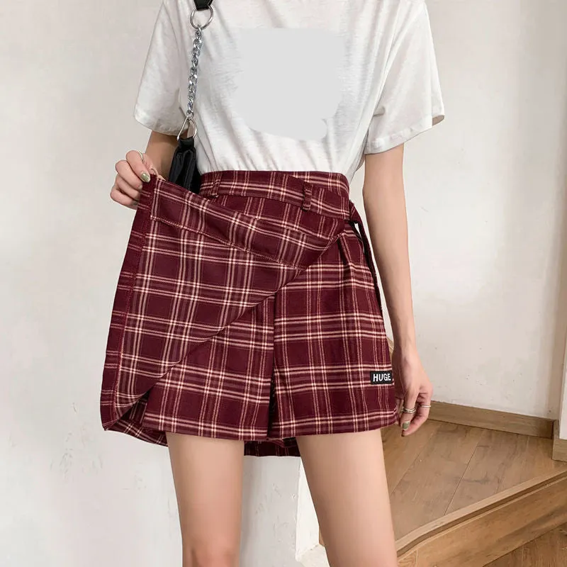 KittenAlarm - High Waist Irregular Plaid Skirts With Belt
