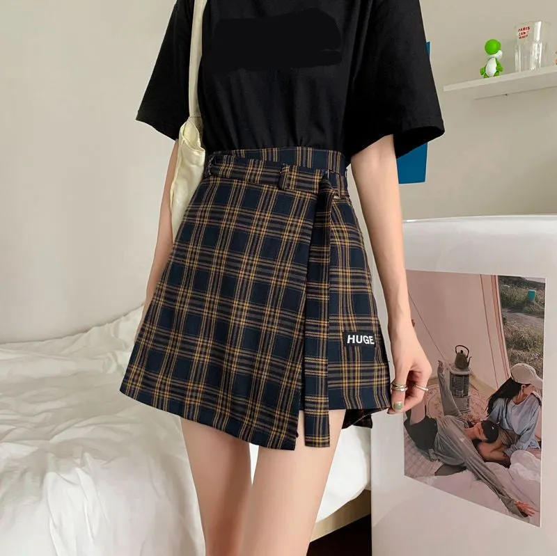 KittenAlarm - High Waist Irregular Plaid Skirts With Belt