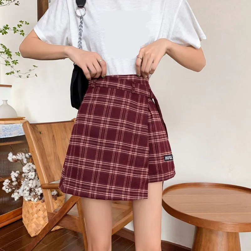 KittenAlarm - High Waist Irregular Plaid Skirts With Belt