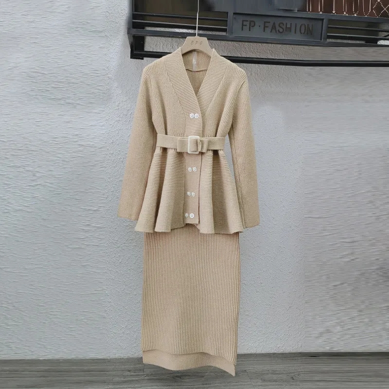 Knitted Long Sleeve Top and High Waist Midi Skirts