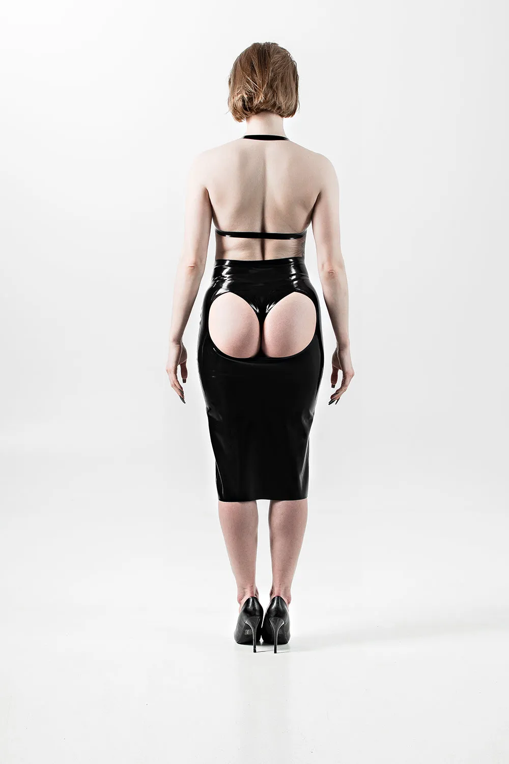 Latex High Waist Skirt with open butt. Black