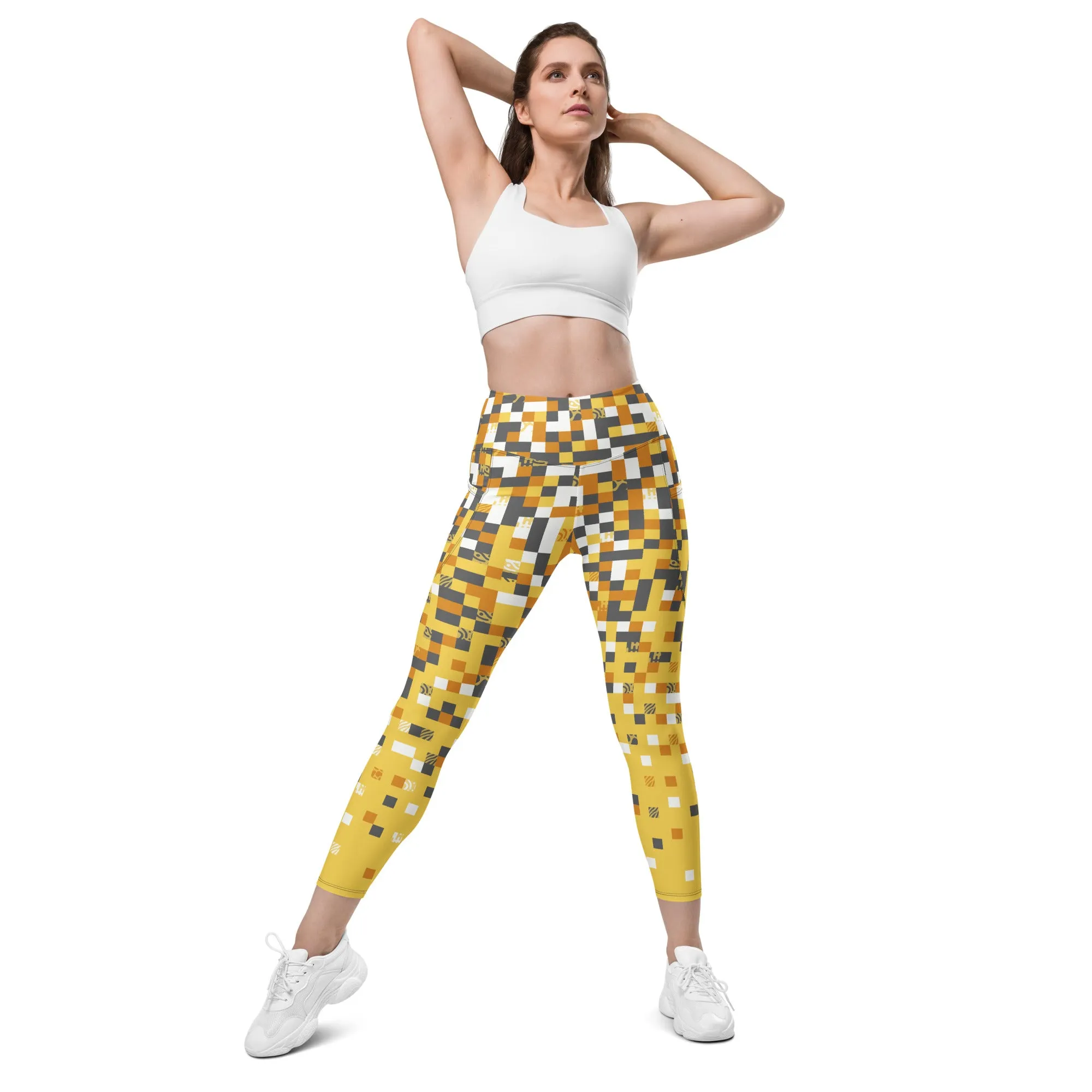 Leggings with pockets - Yellow-Grey Pixel