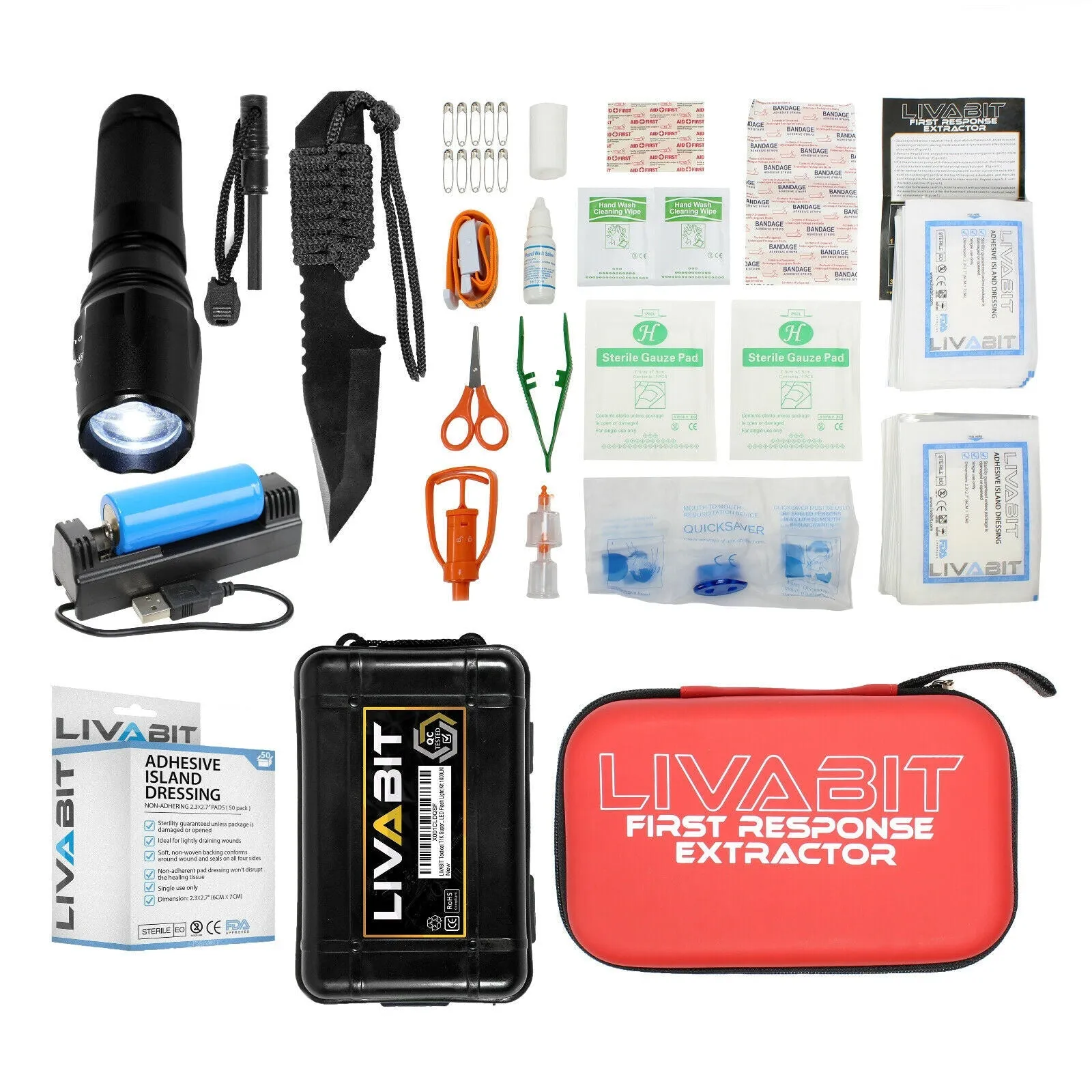 LIVABIT Camping Hiking Survival First Aid Kit, Flashlight, Knife Fire Starter