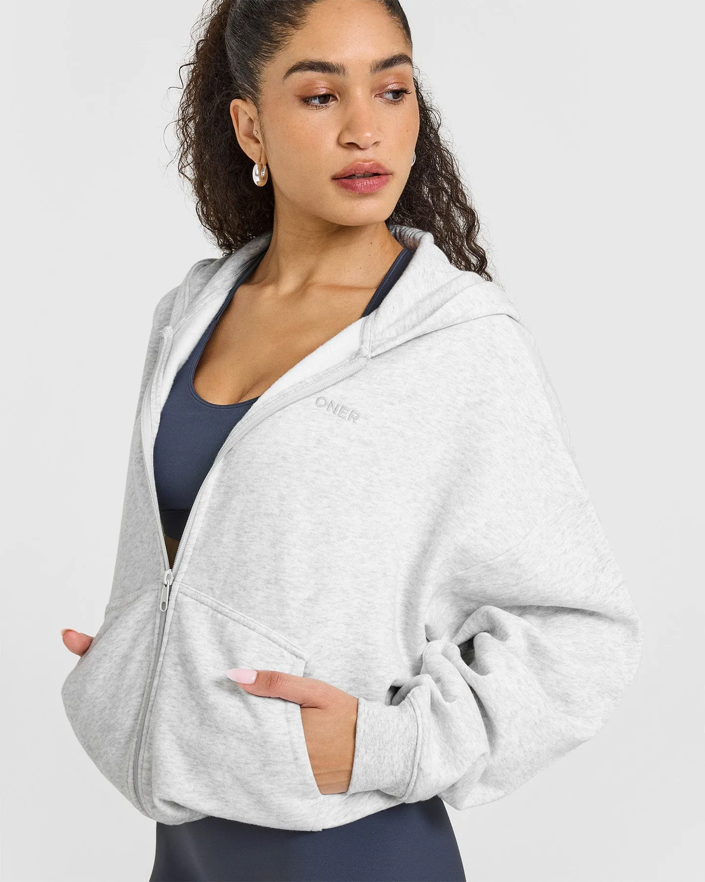 Mid Weight Zip Through Hoodie | Light Grey Marl