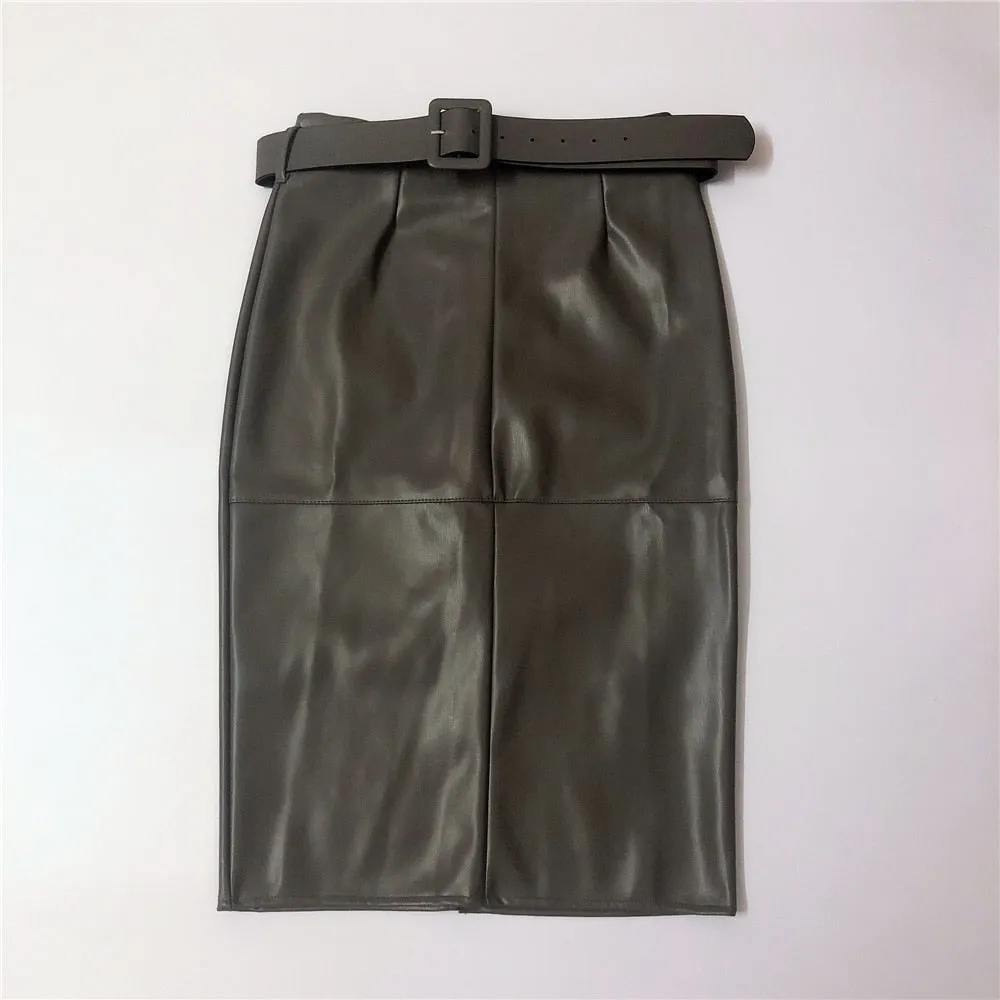 Midi Skirts with Belted High Waist Pencil Back Split Skirts