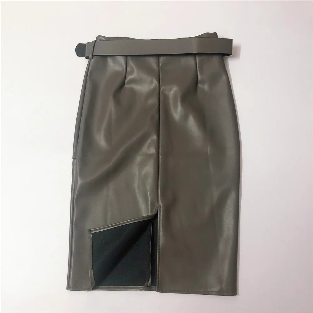 Midi Skirts with Belted High Waist Pencil Back Split Skirts