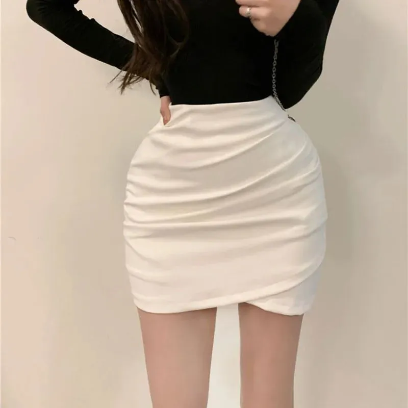 Mini Skirt Women Solid High Waist Irregular Folds Hip Wrap Pencil Skirt Ladies Sexy Slim Short Skirts