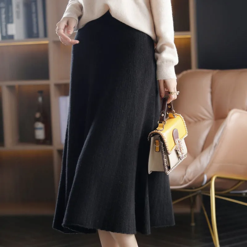 New High-Waist 100% Pure Wool Pleated Long Skirt Women