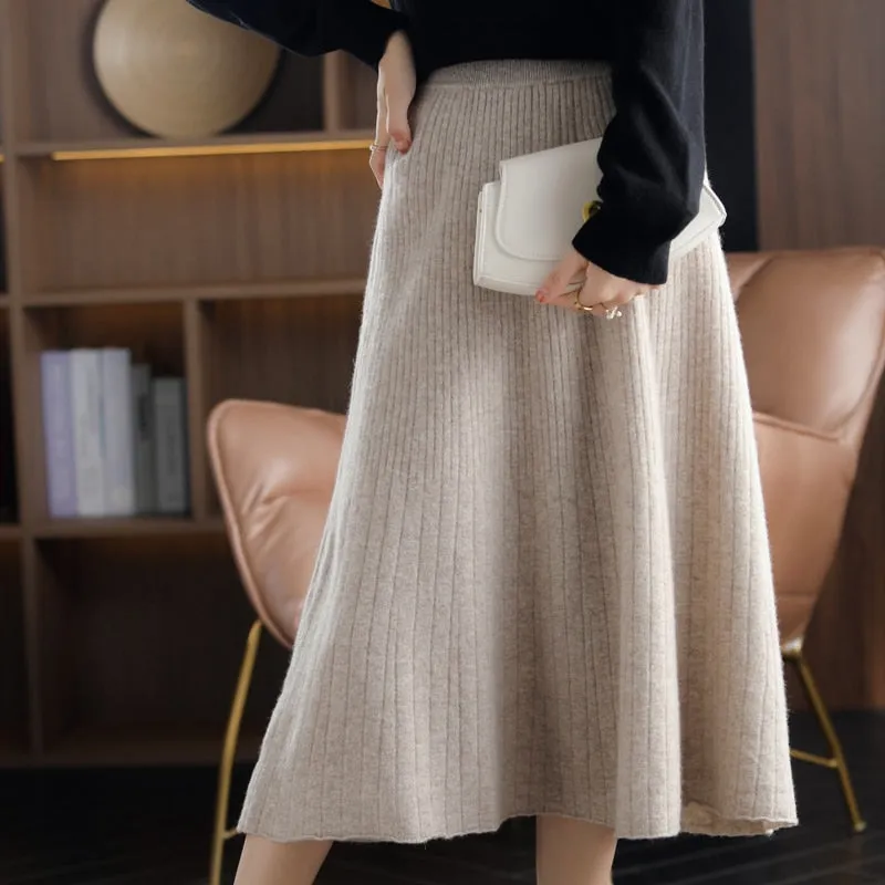 New High-Waist 100% Pure Wool Pleated Long Skirt Women