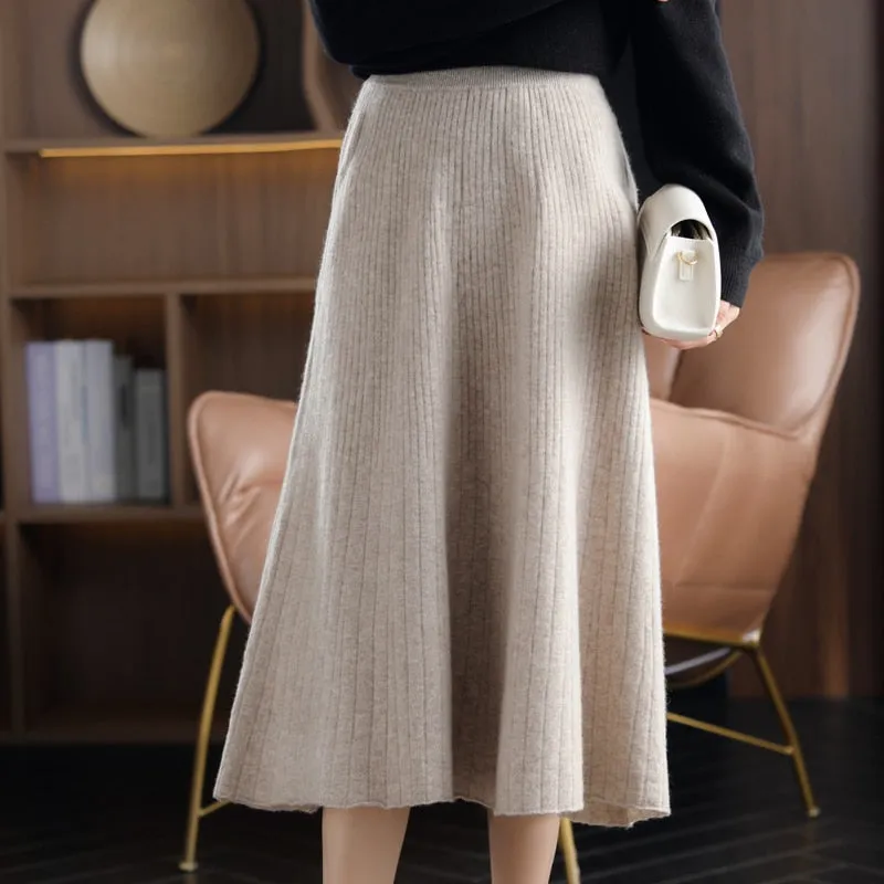 New High-Waist 100% Pure Wool Pleated Long Skirt Women