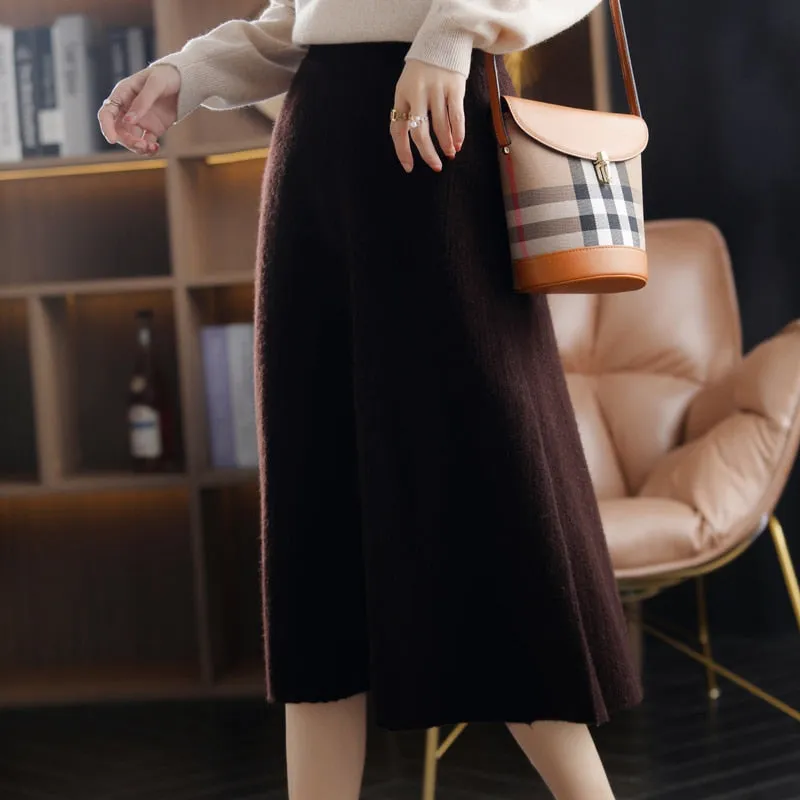 New High-Waist 100% Pure Wool Pleated Long Skirt Women